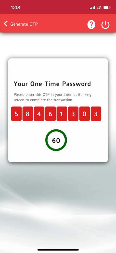 Bank Muscat Soft Token - Bank Muscat Soft Token app screen displaying a generated eight digit one time password with a sixty second countdown timer