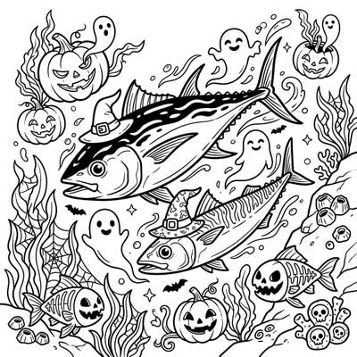 Prepare for an extraordinary underwater Halloween celebration with this unique coloring page! Featuring a duo of cool tuna and mackerel adorned with witch hats amidst a flurry of friendly ghosts and carved pumpkins, it's a fin-tastic way to get into the spooky spirit.