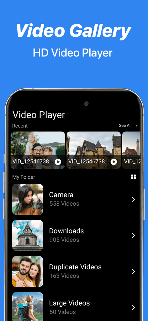 Video Player - Media Player HD - VidInsight 앱 인터페이스는 카메라 다운로드 및 중복 동영상을 위한 폴더가 있는 동영상 갤러리를 보여줍니다.