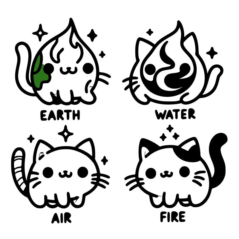 4 cats that represent the different elements, earth, water, air, and fire