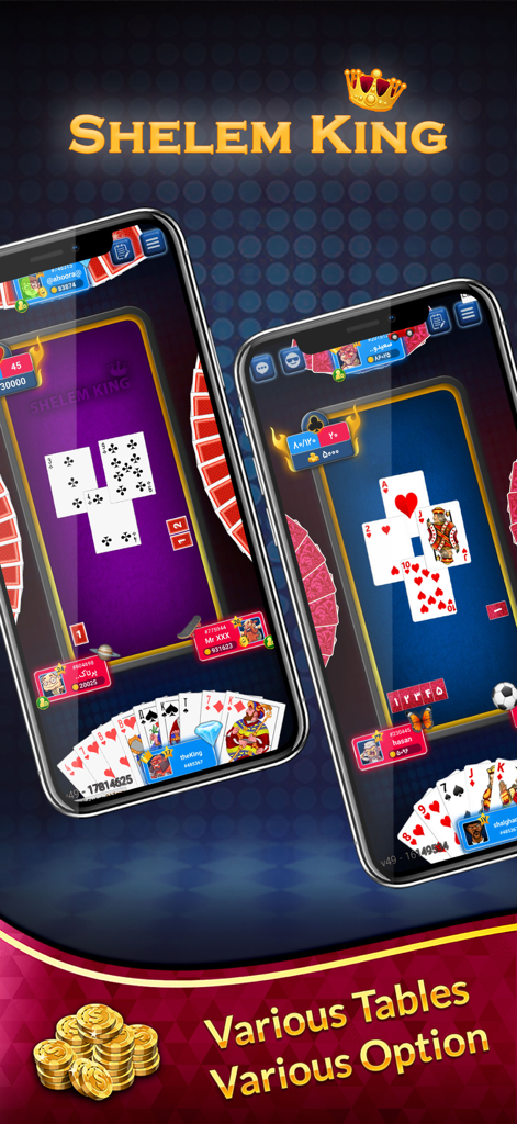 Shelem شلم آنلاین : بازی پاسور - Two iPhones displaying the Shelem online card game interface with various table options and gold coins