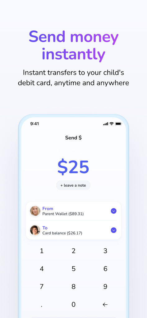 Till: Kids & Teen Banking - Till banking app interface showing an instant money transfer from parent to child