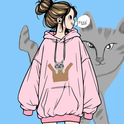 realistic girl with a oversized sweatshirt on and a bun