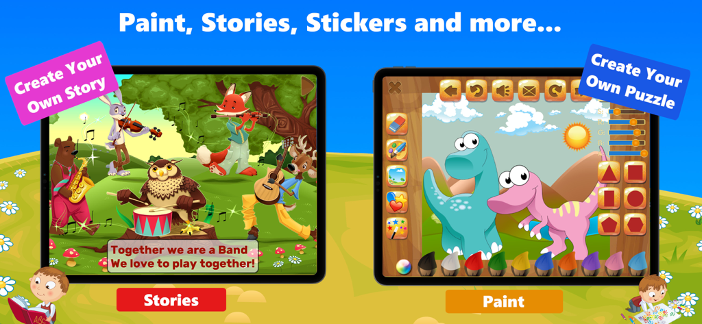 Halloween Puzzle Game for Kids - Showcase of interactive stories and painting activities for kids in the app.