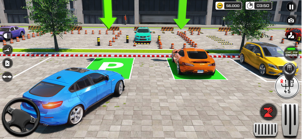 City Car Parking- Car Games - Captura de pantalla del juego del simulador City Car Parking con un coche azul y controles de conducción realistas