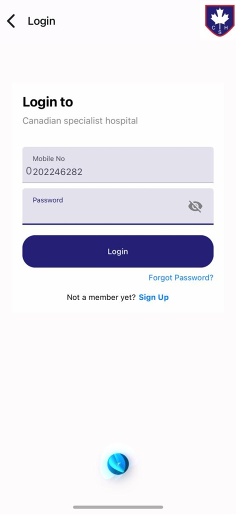 Tela de login para o aplicativo móvel Canadian Specialist Hospital