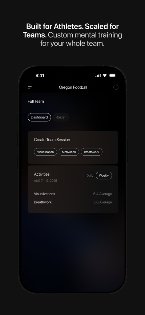 The Mastery App - The Mastery App dashboard showing team mental training features and activity stats for athletes