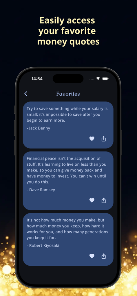 Financial Coach: Money Tips - 스마트폰 화면에 Financial Coach 앱 내에 저장된 즐겨찾기 돈 관리 명언 목록.