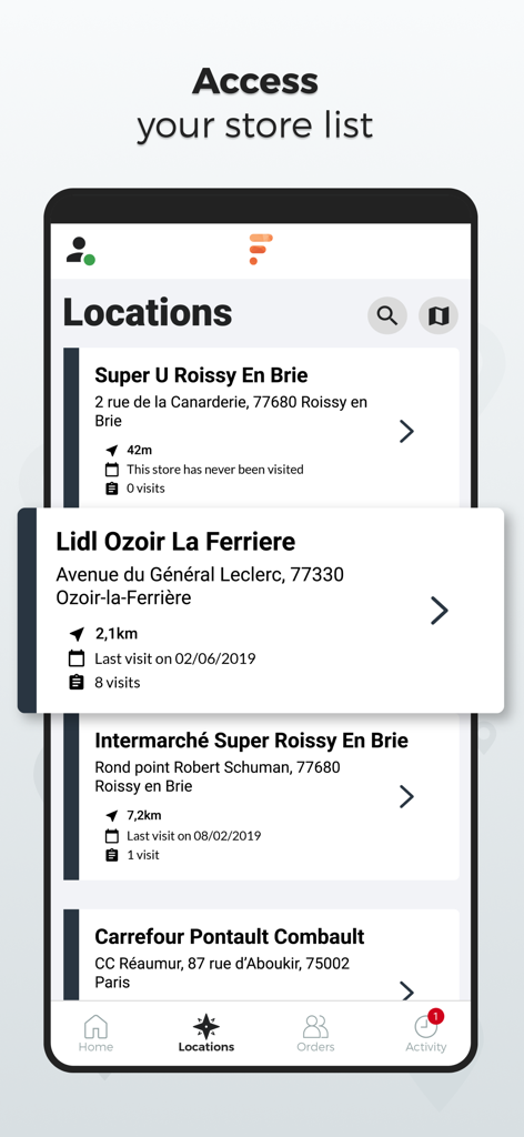 Focus (by Roamler) - Interfaccia mobile Focus by Roamler che visualizza un elenco di sedi di negozi assegnate per i rappresentanti di vendita sul campo