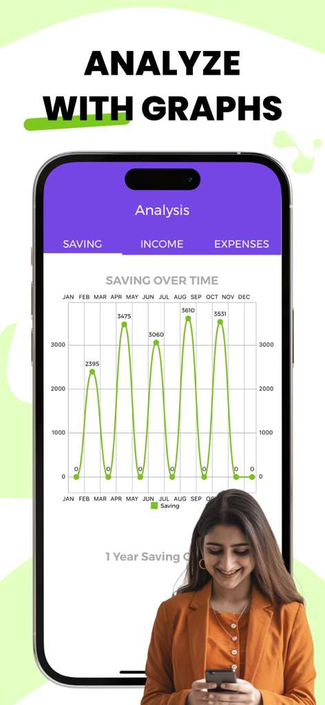 Interfaz de la app Budget Planner mostrando un gráfico lineal de ahorros a lo largo del tiempo con una mujer usando su teléfono