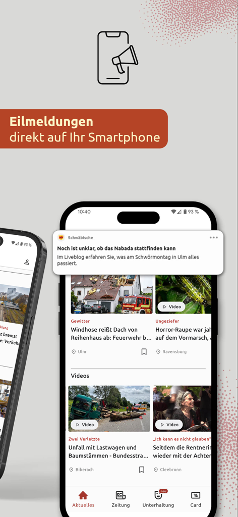 Smartphone mit Push-Benachrichtigungen zu Eilmeldungen und dem Schwäbische News-App-Feed.