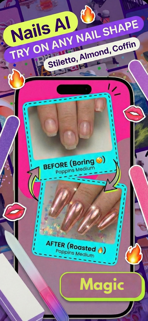 A before and after comparison showing a plain hand and a virtual rose gold metallic manicure generated by the Nails AI app.