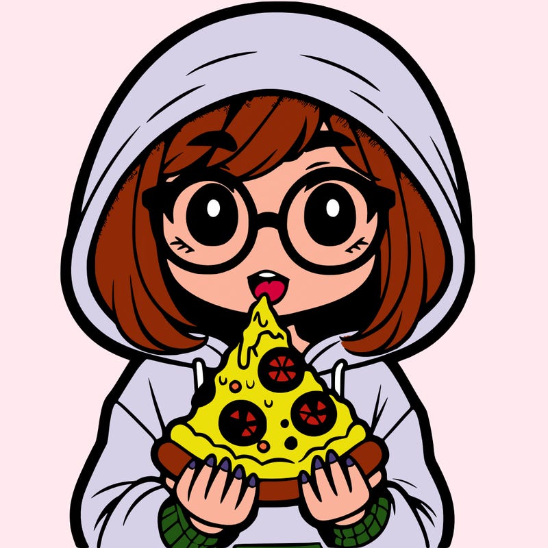 girl with hoodie wearing glasses eating pizza