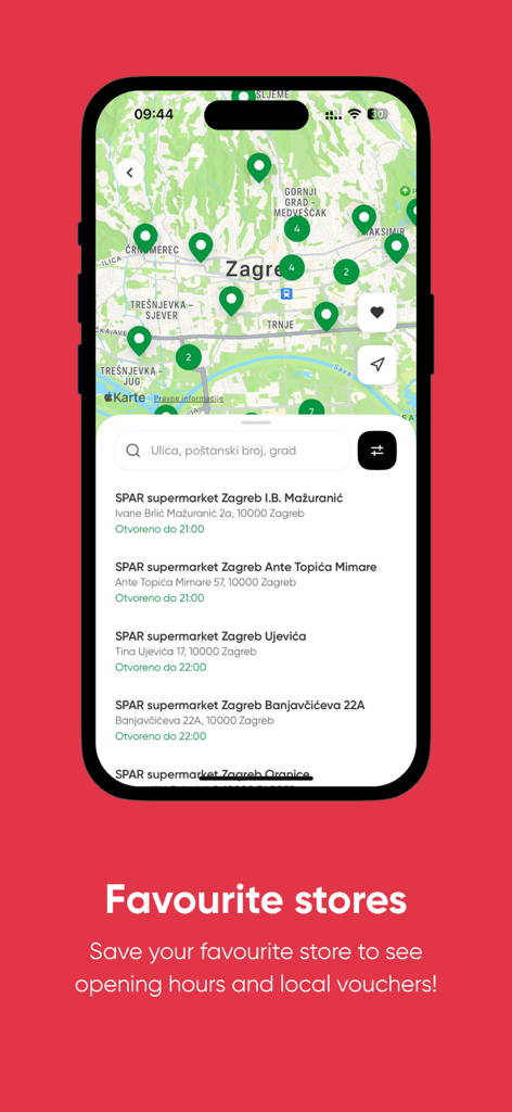 SPAR Croatia - Bildschirm der SPAR Kroatien App, der eine Karte von Filialstandorten in Zagreb mit Öffnungszeiten und Adressen anzeigt.