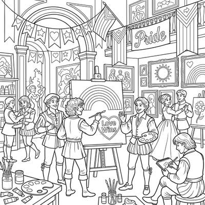 Immerse yourself in a spectacular coloring scene where the grandeur of Renaissance art meets the vibrant spirit of Pride Month. Join these historic painters as they celebrate love, diversity, and creativity in their lively studio.
