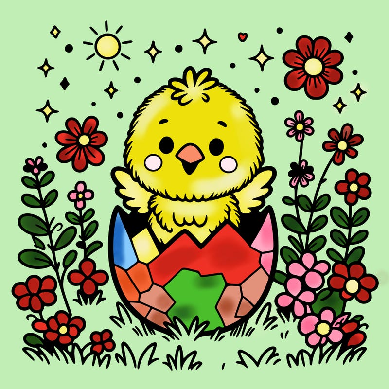 a little chick hatching from an easter egg in the middle of a flower field.