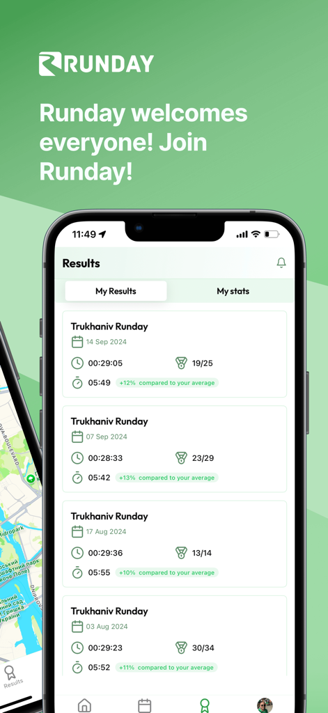 Pantalla de resultados de la aplicación Runday mostrando una lista de completaciones pasadas de carreras y caminatas de 5k