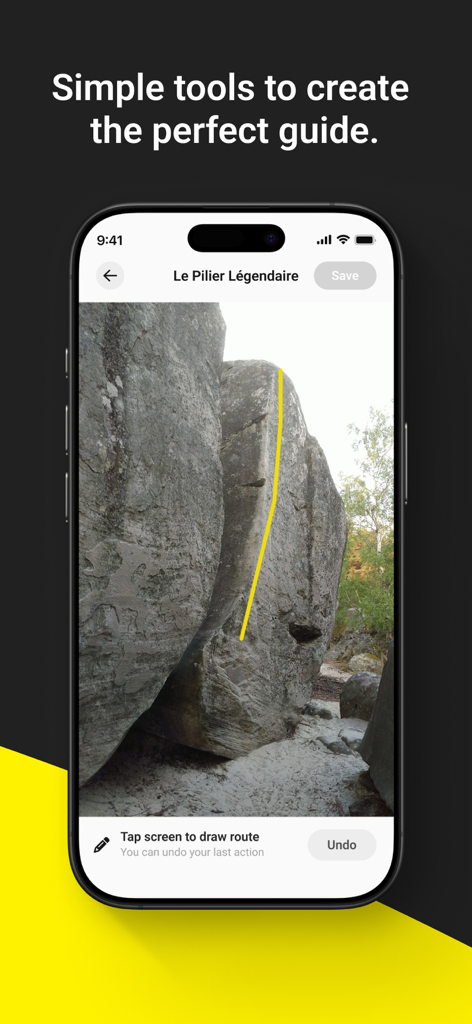 Rock Climbing Guide | 27 Crags - A smartphone showing the 27 Crags app interface for drawing a climbing route on a rock face to create a topo guide.