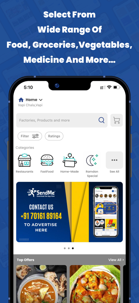 음식 및 식료품 카테고리를 보여주는 SendMe 배달 앱 홈 화면