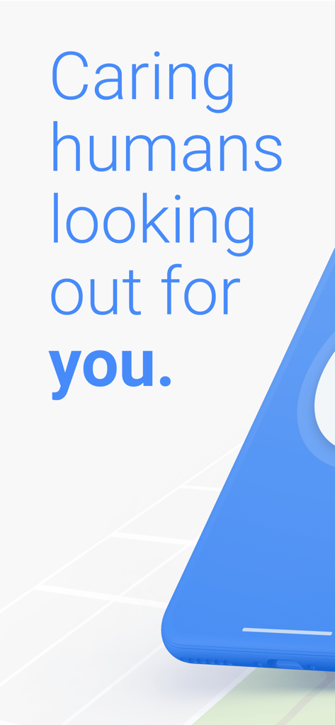 Noonlight: Feel Protected 24/7 - Pantalla promocional de la aplicación de seguridad Noonlight con el texto "Humanos atentos que te cuidan"