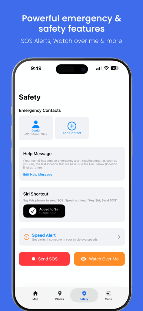 Safety features dashboard in the Family Nest app showing SOS alerts and emergency contacts