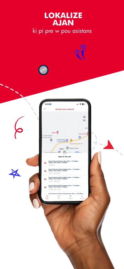 Écran de smartphone affichant la carte de localisation des agents MonCash pour trouver les points de service à proximité en Haïti.