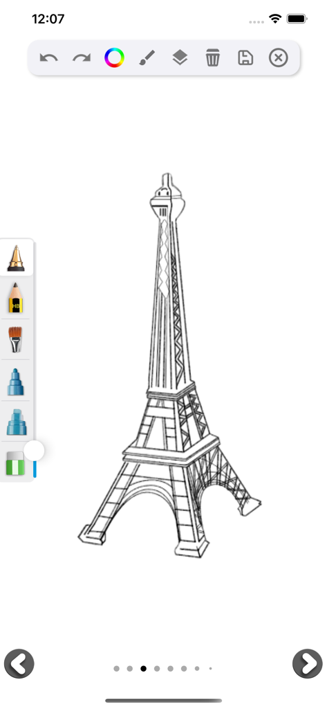 Learn how to Draw 3D - Interfaz de aplicación móvil que muestra un boceto 3D de la Torre Eiffel con herramientas de dibujo digital.