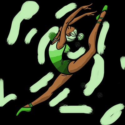 gymnast doing a leap in a leotard with a bent back leg