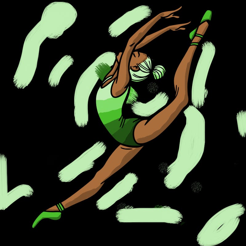 gymnast doing a leap in a leotard with a bent back leg