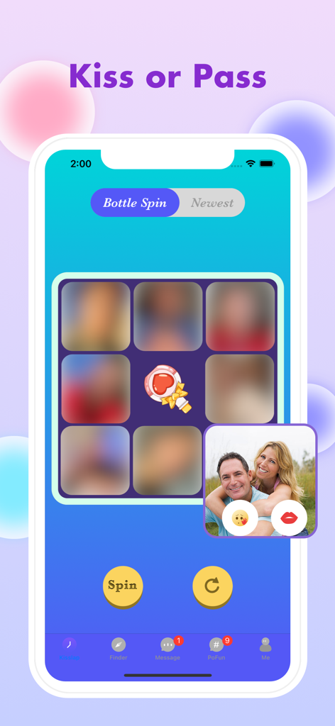 3Woo: Couples & Singles Dating - A screenshot of the 3Woo app featuring the Kiss or Pass bottle spin game for couples and singles