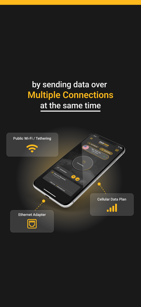 SpeedFusion Connect - Interface do aplicativo SpeedFusion Connect mostrando a união de dados entre Wi-Fi, dados celulares e fontes Ethernet.
