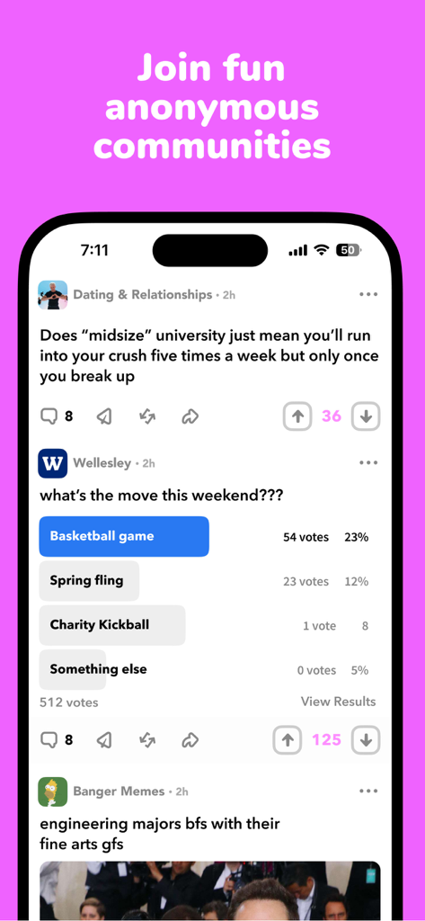 Interface do aplicativo móvel Sidechat mostrando postagens e enquetes anônimas do campus universitário