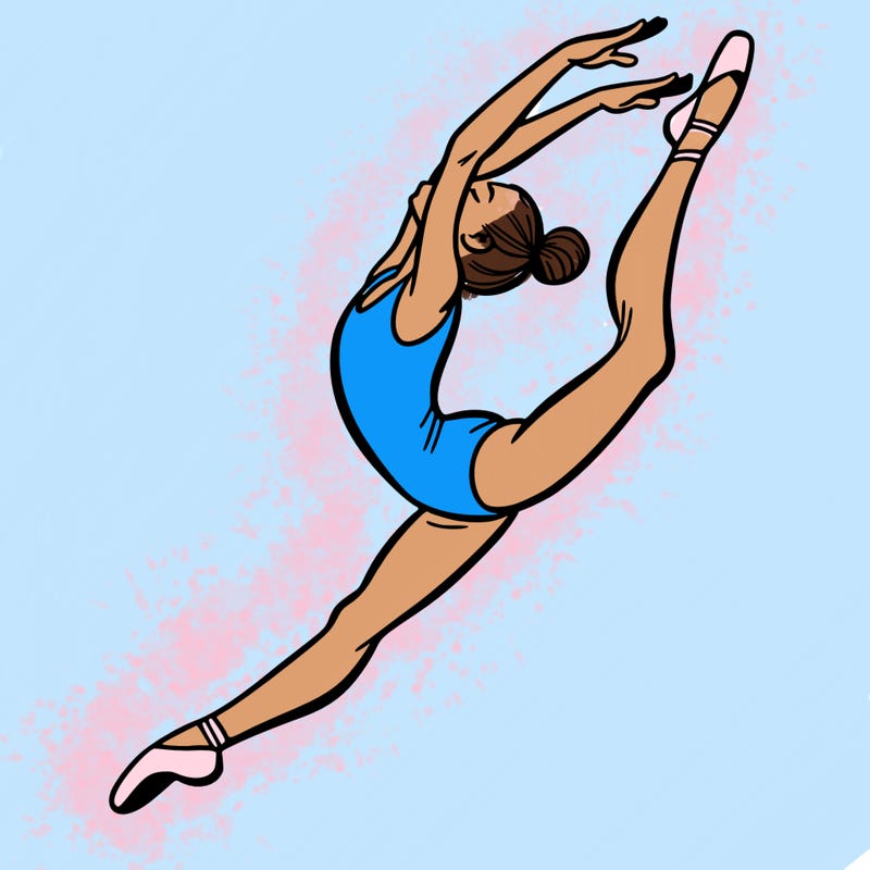 gymnast doing a leap in a leotard with a bent back leg