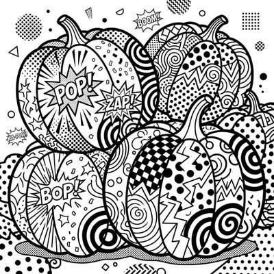 Get ready for an explosive coloring experience with these Pop Art Giant Pumpkins! This dynamic page features bold comic-style patterns and iconic speech bubbles, perfect for a fun and energetic creative session.