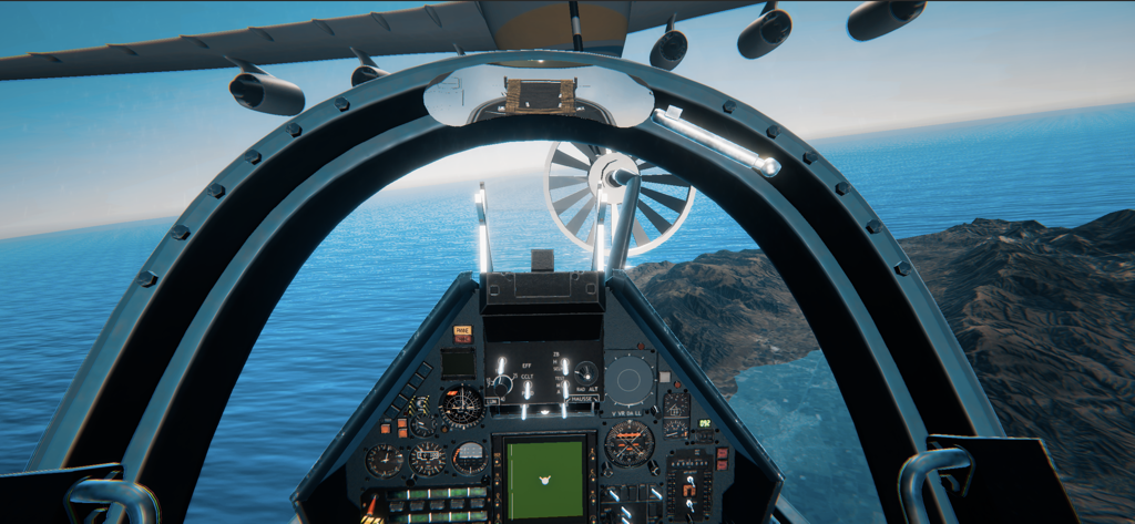 Sky Fighters: Airplane Games - First person cockpit view of a fighter jet during a mid-air refueling mission over the ocean