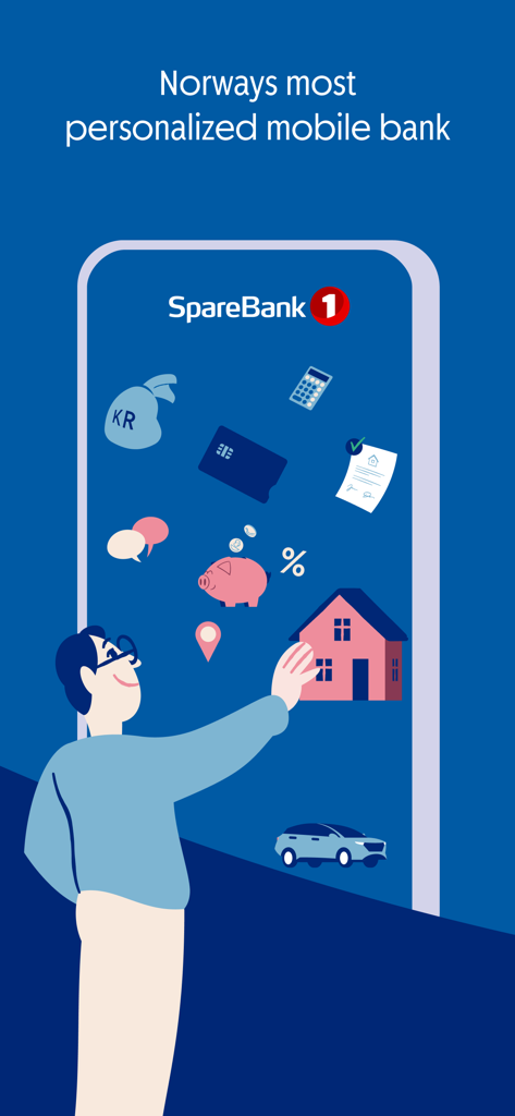 SpareBank 1 Mobilbank - Illustration of a user interacting with various financial services in the SpareBank 1 Mobilbank app