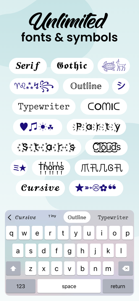 Fonts: Aesthetic Font Keyboard - Display of various decorative font styles and symbols above a custom mobile keyboard