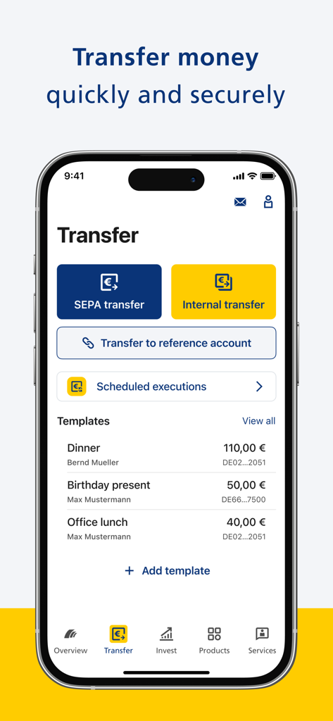 Postbankモバイルアプリの送金管理画面と支払いテンプレートのリスト。