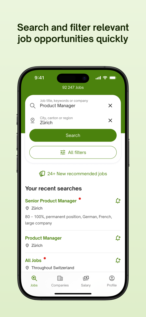 jobup.ch – Job Search - 스위스의 채용 기회를 위한 검색 및 필터 인터페이스를 보여주는 모바일 화면