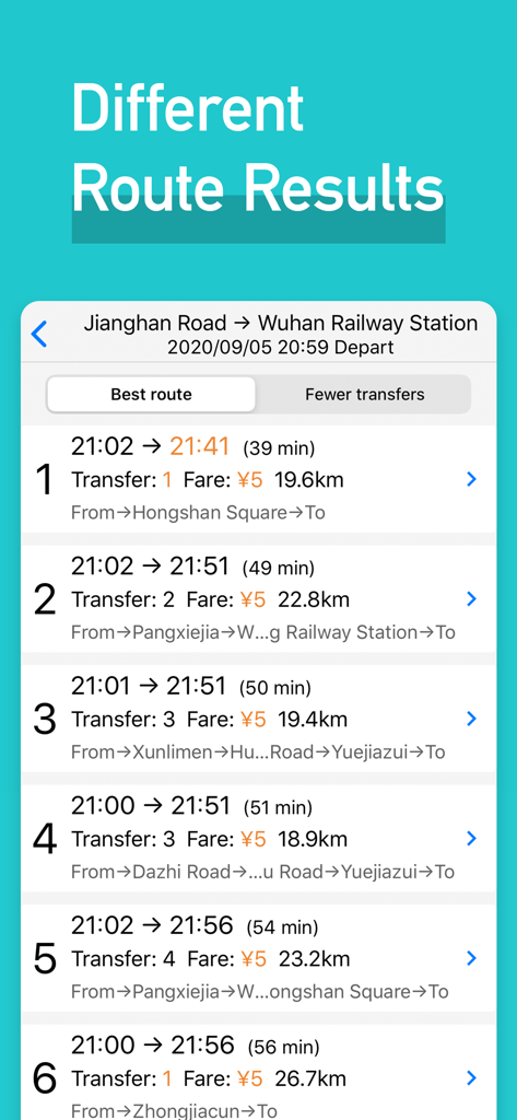 MetroMan Wuhan - A list of different subway route results in Wuhan showing travel time and ticket price in English