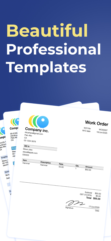 A professional digital work order template featuring company branding items description total costs and a digital signature section