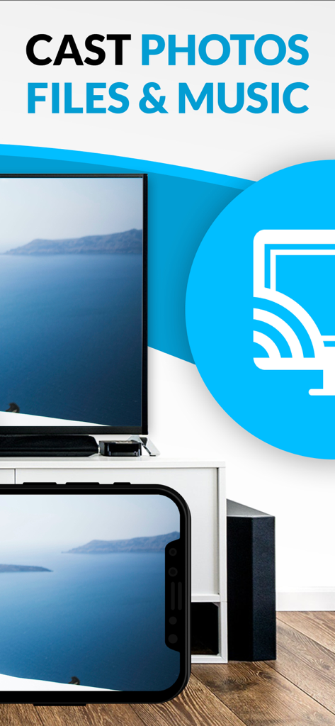 iPhone casting a coastal photo and music to an Amazon Fire TV screen