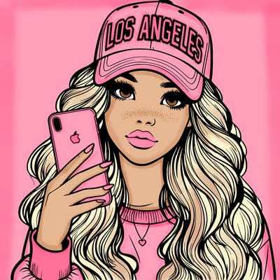 realistic beautiful girl wearing los ángeles cap holding an iphone