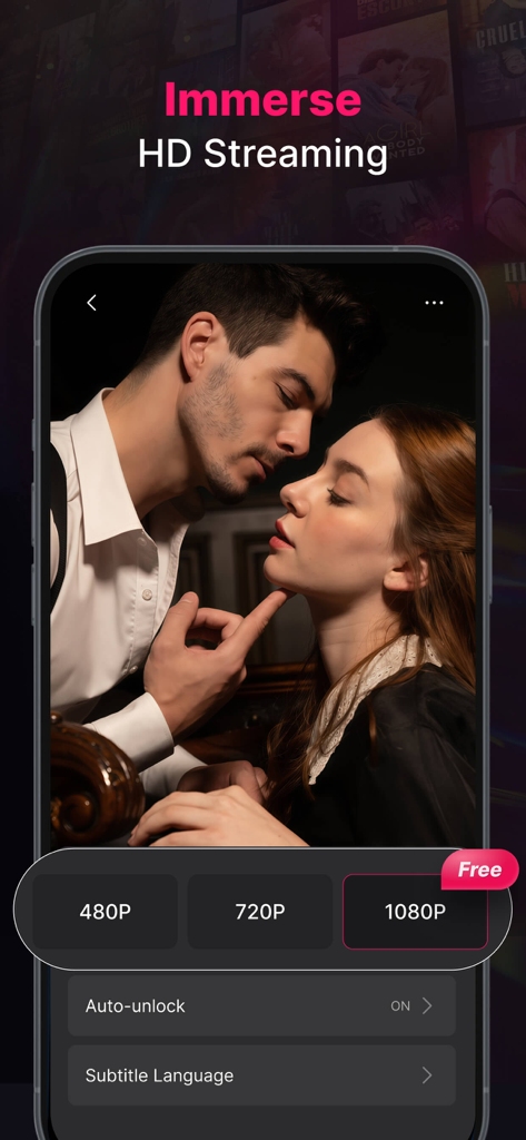 DreameShort - Drama TV - Oberfläche der DreameShort App, die HD-Streaming-Qualität und eine romantische Dramaszene hervorhebt