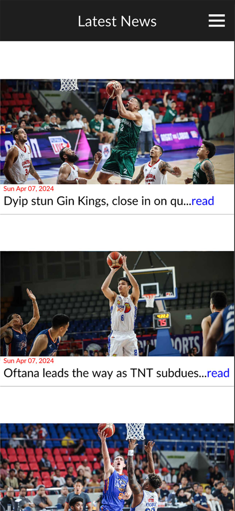 Latest news section of the official PBA app featuring basketball headlines and game photos