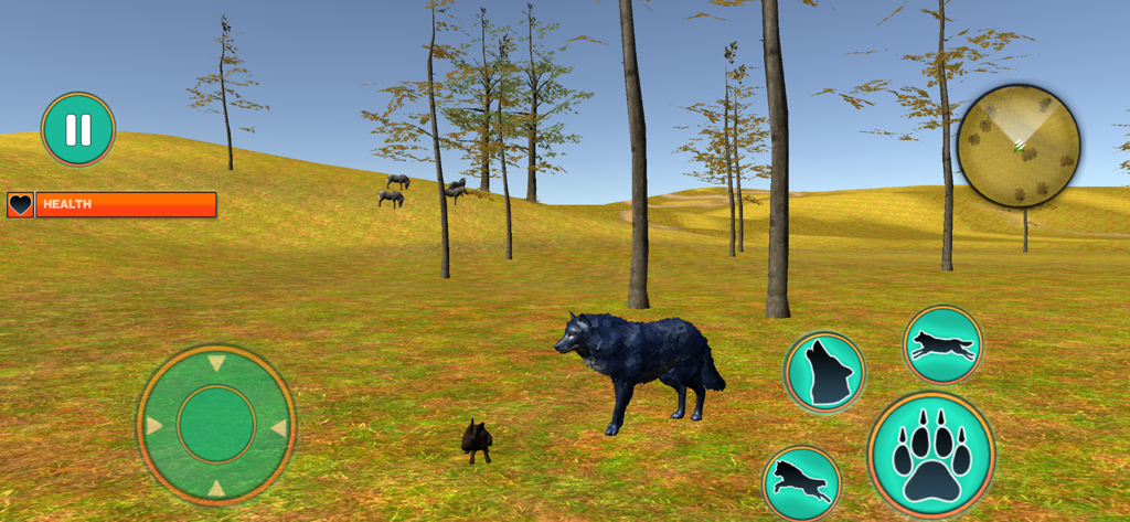 The Wild Wolf Sim: Rpg Game 3D - A black wolf in a 3D open world environment with game controls and health bar