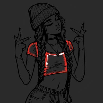 realistic teenage girl with braids and a beanie and crop top doing 🫶🏼