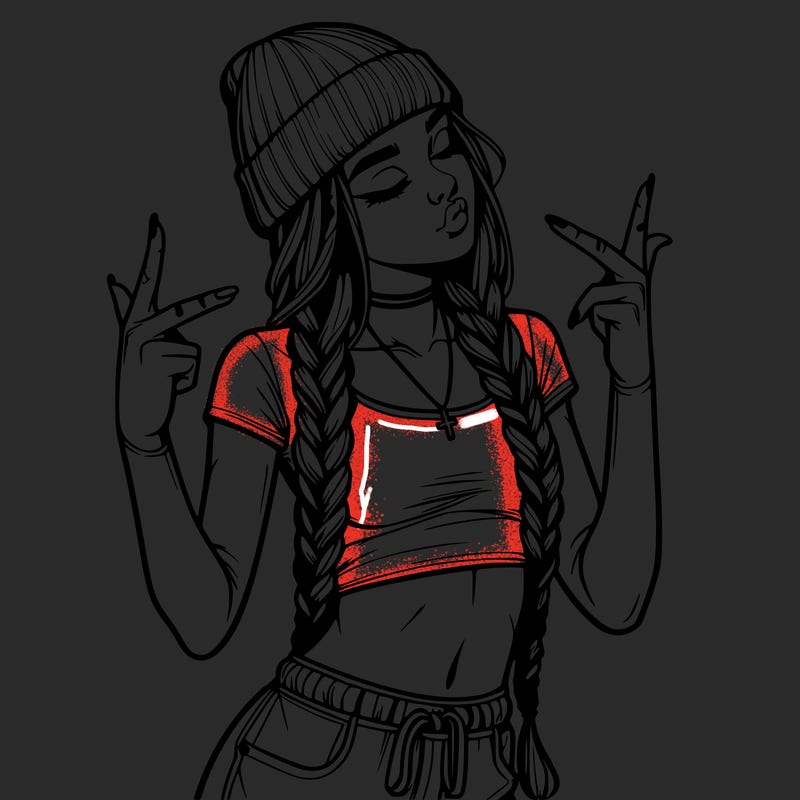 realistic teenage girl with braids and a beanie and crop top doing 🫶🏼
