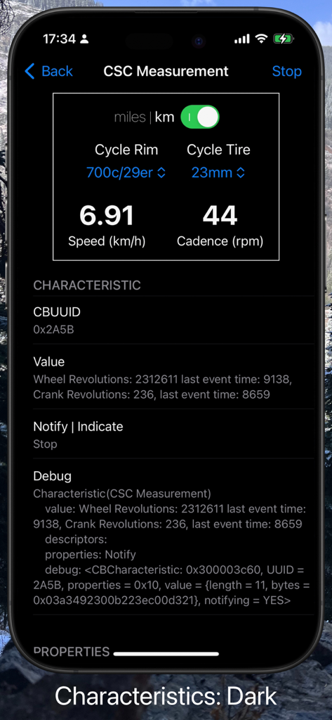 BluKit Workbench - BluKit Workbench app interface showing CSC Measurement characteristic debugging data in dark mode