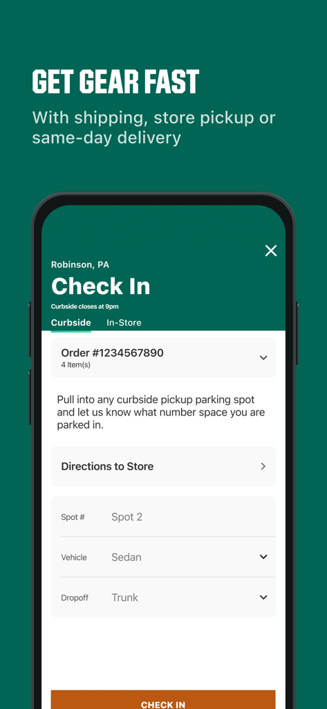 DICK’S Sporting Goods app curbside pickup check in screen showing vehicle details and order number